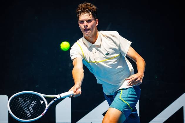 Belgian Alexander Block ATP, Tennis Herren 351) pictured in action at a men s qualifying singles first round game between Belgian Blockx and US Svajda, at the qualifiers of the Australian Open Grand Slam tennis tournament, Wednesday 10 January 2024 in Melbourne Park, Melbourne, Australia. The 2024 edition of the Australian Grand Slam takes place from January 14th to January 28th. PATRICKxHAMILTON  x83727889x
