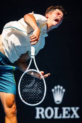 Belgian Alexander Block ATP, Tennis Herren 351) pictured in action at a men s qualifying singles first round game between Belgian Blockx and US Svajda, at the qualifiers of the Australian Open Grand Slam tennis tournament, Wednesday 10 January 2024 in Melbourne Park, Melbourne, Australia. The 2024 edition of the Australian Grand Slam takes place from January 14th to January 28th. PATRICKxHAMILTON  x83727990x