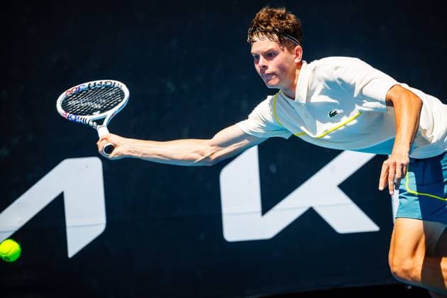 Belgian Alexander Block ATP, Tennis Herren 351) pictured in action at a men s qualifying singles first round game between Belgian Blockx and US Svajda, at the qualifiers of the Australian Open Grand Slam tennis tournament, Wednesday 10 January 2024 in Melbourne Park, Melbourne, Australia. The 2024 edition of the Australian Grand Slam takes place from January 14th to January 28th. PATRICKxHAMILTON  x83728014x