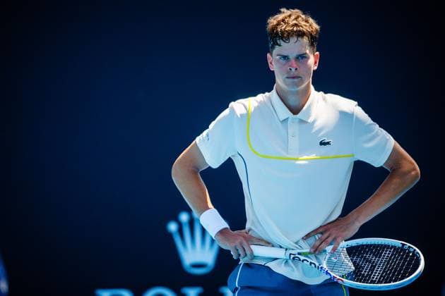 Belgian Alexander Block ATP, Tennis Herren 351) reacts during a men s qualifying singles first round game between Belgian Blockx and US Svajda, at the qualifiers of the Australian Open Grand Slam tennis tournament, Wednesday 10 January 2024 in Melbourne Park, Melbourne, Australia. The 2024 edition of the Australian Grand Slam takes place from January 14th to January 28th. PATRICKxHAMILTON  x83728063x