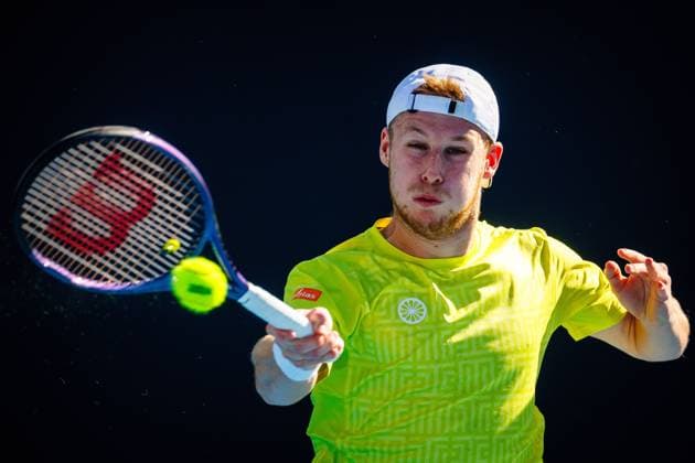 Belgian Gauthier Onclin pictured in action during a tennis match against US Kovacevic in the first round of the qualifiers for the men s singles tournament of the Australian Open Grand Slam tennis tournament, Wednesday 10 January 2024 in Melbourne Park, Melbourne, Australia. The 2024 edition of the Australian Grand Slam takes place from January 14th to January 28th. PATRICKxHAMILTON  x83737188x