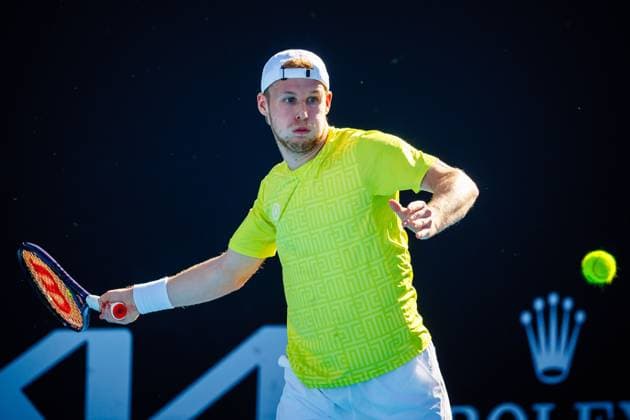 Belgian Gauthier Onclin pictured in action during a tennis match against US Kovacevic in the first round of the qualifiers for the men s singles tournament of the Australian Open Grand Slam tennis tournament, Wednesday 10 January 2024 in Melbourne Park, Melbourne, Australia. The 2024 edition of the Australian Grand Slam takes place from January 14th to January 28th. PATRICKxHAMILTON  x83737192x