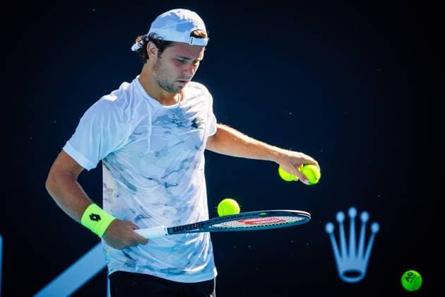 US Aleksandar Kovacevic pictured during a tennis match against Belgian Onclin in the first round of the qualifiers for the men s singles tournament of the Australian Open Grand Slam tennis tournament, Wednesday 10 January 2024 in Melbourne Park, Melbourne, Australia. The 2024 edition of the Australian Grand Slam takes place from January 14th to January 28th. PATRICKxHAMILTON  x83737241x