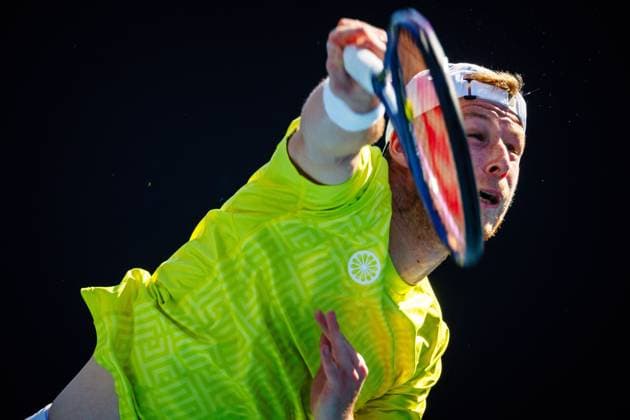 Belgian Gauthier Onclin pictured in action during a tennis match against US Kovacevic in the first round of the qualifiers for the men s singles tournament of the Australian Open Grand Slam tennis tournament, Wednesday 10 January 2024 in Melbourne Park, Melbourne, Australia. The 2024 edition of the Australian Grand Slam takes place from January 14th to January 28th. PATRICKxHAMILTON  x83737260x