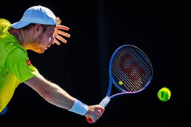 Belgian Gauthier Onclin pictured in action during a tennis match against US Kovacevic in the first round of the qualifiers for the men s singles tournament of the Australian Open Grand Slam tennis tournament, Wednesday 10 January 2024 in Melbourne Park, Melbourne, Australia. The 2024 edition of the Australian Grand Slam takes place from January 14th to January 28th. PATRICKxHAMILTON  x83737272x