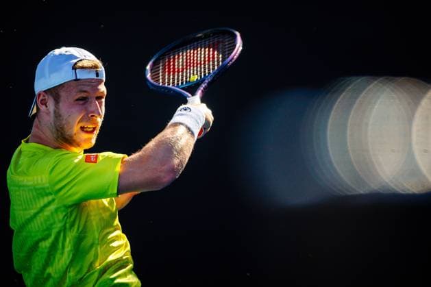 Belgian Gauthier Onclin pictured in action during a tennis match against US Kovacevic in the first round of the qualifiers for the men s singles tournament of the Australian Open Grand Slam tennis tournament, Wednesday 10 January 2024 in Melbourne Park, Melbourne, Australia. The 2024 edition of the Australian Grand Slam takes place from January 14th to January 28th. PATRICKxHAMILTON  x83737276x
