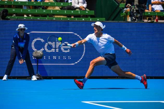 Sinner Vs Polmans, Kooyong Classic in Melbourne, Australia - 10 Jan 2024 Marc Polmans of Australia seen in action during opening match of Day 1 of the Care Wellness Kooyong Classic Tennis Tournament against World No.4 Jannik Sinner of Italy at Kooyong Lawn Tennis Club. Sinner achieved comfortable victory, 6-4, 6-0. Melbourne Australia Copyright: xAlexanderxBogatyrevx xSOPAxImagesx KC Sinner Polmans-3454
