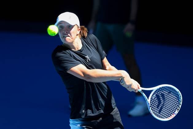 January 11, 2024, Melbourne, Victoria, Australia: MELBOURNE, AUSTRALIA - JANUARY 11: Iga Swiatek of Poland completes a training session with Maria Sakkari of Greece ahead of the 2024 Australian Open at Melbourne Park on January 11, 2024 in Melbourne, Australia. Melbourne Australia - ZUMAp121 20240111_zsp_p121_011 Copyright: xChrisxPutnamx