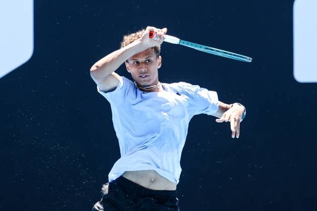 January 11, 2024, Melbourne, Victoria, Australia: MELBOURNE, AUSTRALIA - JANUARY 11: Gabriel Diallo of Canada on his way to beating Pierre-Hugues Herbert of France in qualifying for the 2024 Australian Open at Melbourne Park on January 11, 2024 in Melbourne, Australia. Melbourne Australia - ZUMAp121 20240111_zsp_p121_047 Copyright: xChrisxPutnamx