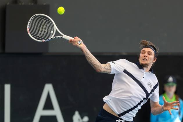 TENNIS ADELAIDE INTERNATIONAL, Alexander Bublik of Kazakhstan in action against Lorenzo Musetti of Italy during their Quarter Final match of the 2024 Adelaide International at Memorial Drive Tennis Centre in Adelaide, Thursday, January 11, 2024. ( NO ARCHIVING, EDITORIAL USE ONLY, NO USE IN BOOKS WITHOUT CONSENT ADELAIDE SOUTH AUSTRALIA AUSTRALIA  Copyright: xMATTxTURNERx 20240111001887438782