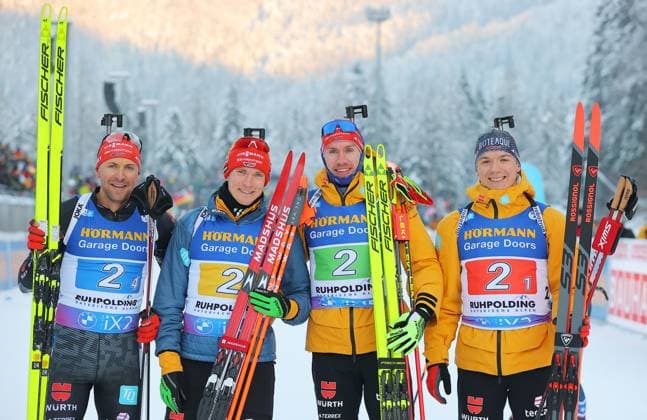 Bilder des Jahres 2024, Sport 01 Januar Sport Themen der Woche KW02 Sport Bilder des Tages BIATHLON - IBU WC Ruhpolding RUHPOLDING,GERMANY,11.JAN.24 - BIATHLON - IBU World Cup, 4x7.5km relay, men. Image shows the rejoicing of Philipp Nawrath, Benedikt Doll, Johannes Kuehn and Justus Strelow (GER).  GEPAxpictures xThomasxBachun