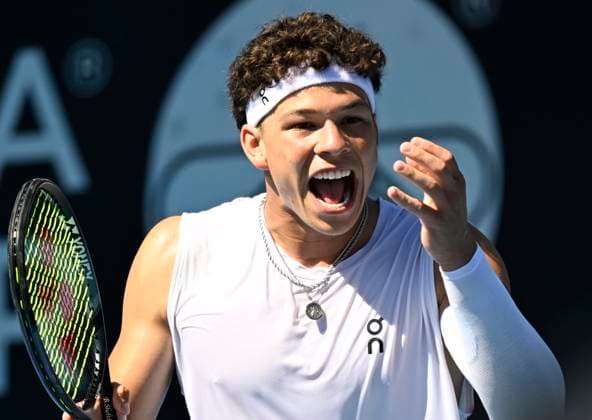 11th January 2024: Auckland, New Zealand: Ben Shelton of the USA during his quarter final singles match at the ASB Classic tennis tournament in Auckland, New Zealand.  ActionPlus12596151 AndrewxCornaga