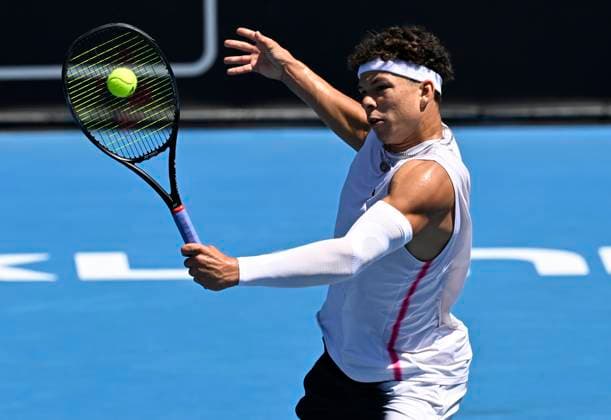 11th January 2024: Auckland, New Zealand: Ben Shelton of the USA plays a shot during his quarter final singles match at the ASB Classic tennis tournament in Auckland, New Zealand.  ActionPlus12596141 AndrewxCornaga