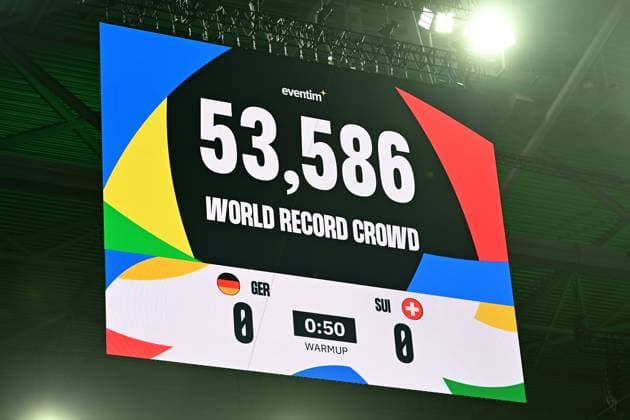 Duesseldorf, Merkur Spiel Arena, 10 01 24, GER, Men, EHF Handball Euro 2024, Germany Switzerland Picture scoreboard with number of spectators 53 586 World record Only for editorial use Nordrhein Westfalen Germany