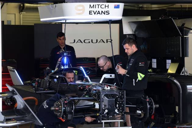 Staff prepare Mitch Evans NZL Jaguar Gen3 race car, Formula E FIA World Championship Season 10, Mexico City E Prix, Mexico, 11 01 2024, Pit, Garage
