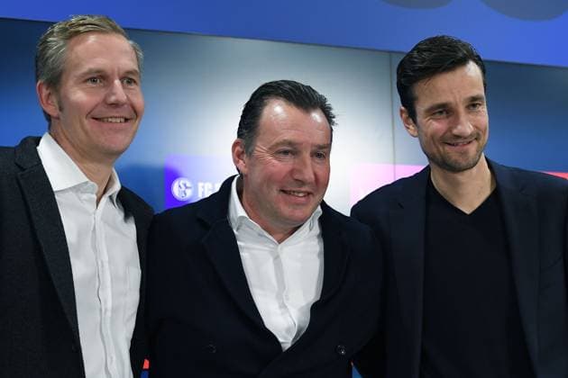 Soccer 2 Bundesliga media talk FC Schalke 04 on 12 01 2024 in the Veltins Arena in Gelsenkirchen Axel Hefer Chairman of the Supervisory Board Schalke , left Marc Wilmots Sports Director Schalke , center Matthias Tillmann Chairman of the Board Schalke , right xRx
