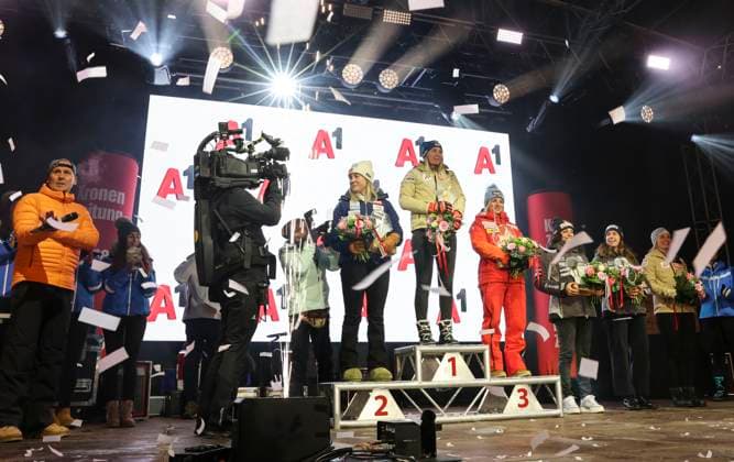 ALPINE SKIING - FIS WC Altenmarkt Zauchensee ALTENMARKT ZAUCHENSEE,AUSTRIA,12.JAN.24 - ALPINE SKIING - FIS World Cup, Super G, ladies, award ceremony. Image shows Kajsa Vickhoff Lie (NOR), Cornelia Huetter (AUT), Lara Gut-Behrami (SUI), Federica Brignone (ITA), Marta Bassino (ITA) and Ariane Raedler (AUT).  GEPAxpictures xWolfgangxGrebien