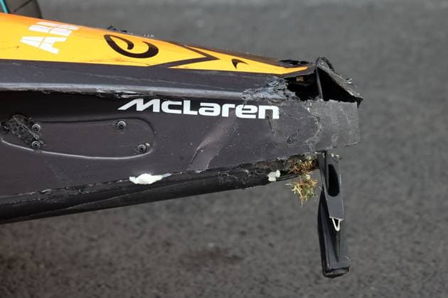 Destroyed front wing on Jake Hughes crashed McLaren Gen3 race car, pit, Formula E FIA World Championship Season 10, Mexico City E Prix, Mexico, 12 01 2024