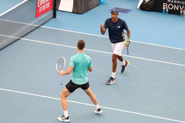 TENNIS ADELAIDE INTERNATIONAL, Rajeev Ram United States and Joe Salisbury United Kingdom after victory against Rohan Bopanna of India and Matthew Ebden of Australia during the Mens Doubles Final match of the 2024 Adelaide International at Memorial Drive Tennis Centre in Adelaide, Saturday, January 13, 2024. ( NO ARCHIVING, EDITORIAL USE ONLY, NO USE IN BOOKS WITHOUT CONSENT ADELAIDE SOUTH AUSTRALIA AUSTRALIA  Copyright: xMATTxTURNERx 20240113001888318579