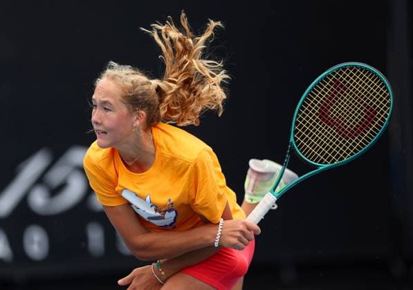 Meera Andreeva of Russia in action Australian Open, Saturday Previews, Tennis, Melbourne Park, Melbourne, Australia - 13 Jan 2024  Copyright: xEllaxLing Shutterstockx 14298351ar