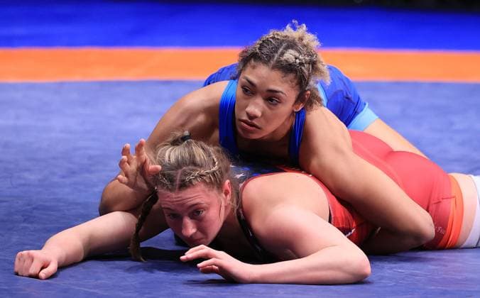 Sport Themen der Woche KW02 Sport Bilder des Tages Grand Prix Zagreb Open ZAGREB, CROATIA - JANUARY 13: Kylie Renee Welker of USA (red) comepte against Kennedy Alexis Blades of USA (blue) during UWW Grand Prix Ranking Series Zagreb Open 2024 Women s Wrestling 76kg weight class bronze medal match at Dom Sportova Sports Hall on January 13, 2022 in Zagreb, Croatia. MarkoxPrpic PIXSELL