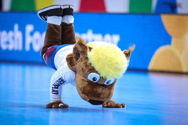 13 01 2024, EHF EURO 2024, European Mens Handball Championship, Mercedes Benz Arena in Berlin, Poland Slovenia Mascot Tricky Berlin Germany