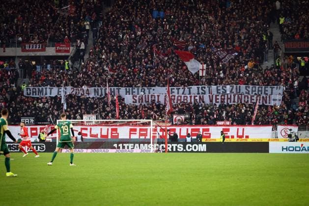 Freiburg, Germany 13 January 2024 1 BL 2023 2024 SC Freiburg vs 1 FC Union Berlin In the picture Fan protest against the World Cup award also in Freiburg Banner with slogan So that it is not said in 2034 now it is too late to prevent Saudi Arabia, the banner says DFL regulations prohibit any use of photographs as image sequences and or quasi video Europa Park Stadion Baden Württemberg Copyright: xFotostandx xHettichx