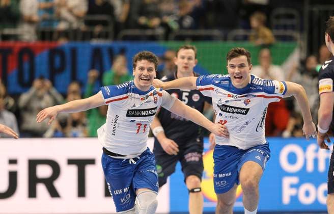 Photo cheering after the final whistle with Elias Ellefsen a Skipatogu Faroe Islands and right Tröndur Trondur Mikkelsen European Handball Championship, preliminary round in Berlin , Norway Faroe Islands 26 26 on Sat 13 01 2024 Claus Bergmann DFL regulations prohibit any use of photographs as image sequences and or quasi video