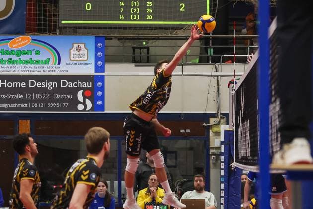 Marcin Ernastowicz SWD powervolleys Dueren, 09 in the air, in the jump, with ball at the net, ASV Dachau vs SWD powervolleys Dueren, Volleyball, Volleyball 1 Bundesliga, 14 Matchday, Season 23 24, 13 01 2024, ASV Dachau vs SWD powervolleys Dueren, Volleyball, Volleyball 1 Bundesliga, 14 Matchday, Season 23 24, 13 01 2024 Dachau Copyright: xEibner-Pressefoto JennixMaulx EP_JML