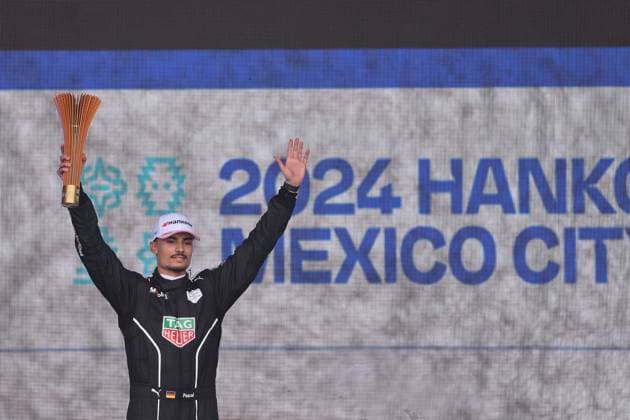 Pascal Wehrlein GER Porsche in winning pose on the podium, Formula E FIA World Championship, Season 10, Mexico City E Prix, Mexico, 13 01 2024