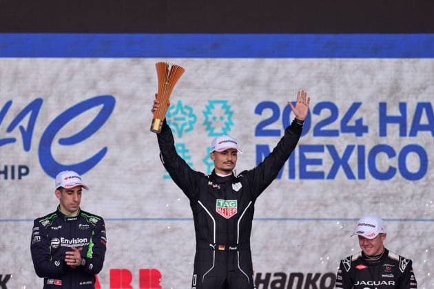 Second-placed Sebastian Buemi SUI Envision next to Pascal Wehrlein GER Porsche in winning pose and third-placed Nick Casidy NZL Jaguar on the podium, Formula E FIA World Championship, Season 10, Mexico City E Prix, Mexico, 13 01 2024