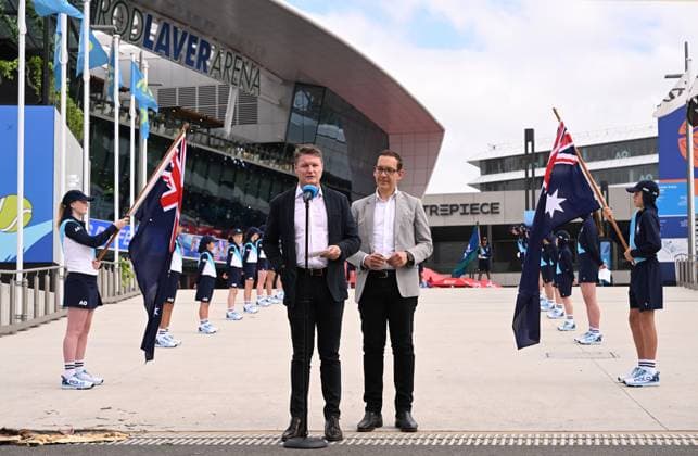TENNIS AUSTRALIAN OPEN, Acting Premier of Victoria Ben Carroll (left) and Steve Dimopoulos MP are seen during the trophy arrival ceremony on Day 1 of the 2024 Australian Open at Melbourne Park in Melbourne, Sunday, January 14, 2024. ( NO ARCHIVING, EDITORIAL USE ONLY, NO USE IN BOOKS WITHOUT CONSENT MELBOURNE VICTORIA AUSTRALIA  Copyright: xJAMESxROSSx 20240114001888640748