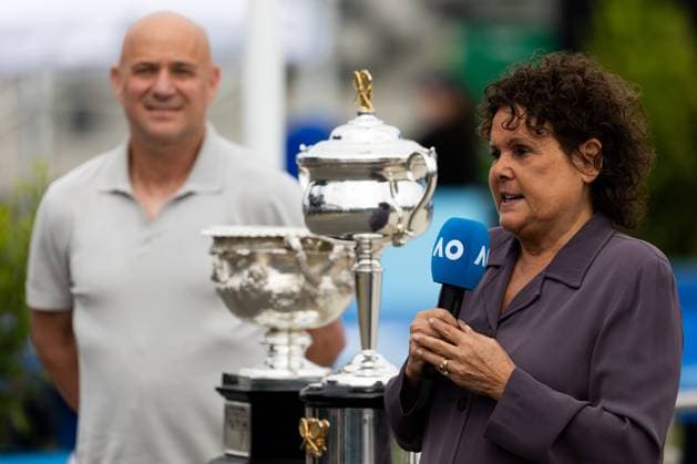January 14, 2024, Melbourne, Victoria, Australia: MELBOURNE, AUSTRALIA - JANUARY 14: Evonne Goolagong Cawley and Andre Agassi at the Trophy arrival ceremony during day one of the 2024 Australian Open at Melbourne Park on January 14, 2024 in Melbourne, Australia Melbourne Australia - ZUMAp121 20240114_zsp_p121_008 Copyright: xChrisxPutnamx