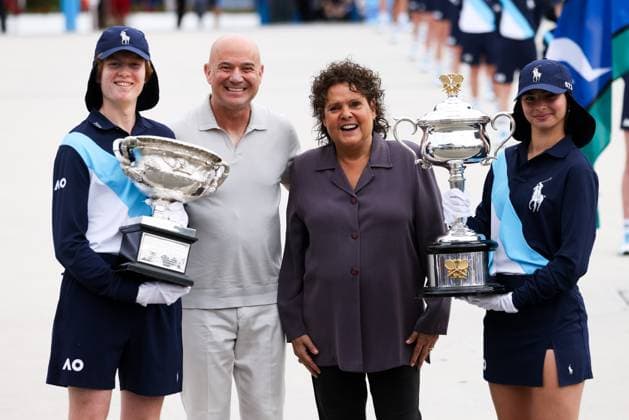 Tennis, Australian Open, Day 1, Evonne Goolagong Cawley and Andre Agassi present the trophies