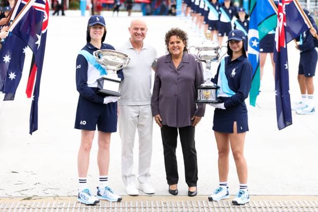 January 14, 2024, Melbourne, Victoria, Australia: MELBOURNE, AUSTRALIA - JANUARY 14: Andre Agassi and Evonne Goolagong Cawley pose with the Norman Brookes Challenge Cup and the Daphne Akhurst Memorial Cup at the Trophy arrival ceremony during day one of the 2024 Australian Open at Melbourne Park on January 14, 2024 in Melbourne, Australia Melbourne Australia - ZUMAp121 20240114_zsp_p121_018 Copyright: xChrisxPutnamx