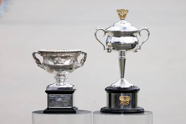 January 14, 2024, Melbourne, Victoria, Australia: MELBOURNE, AUSTRALIA - JANUARY 14: The Norman Brookes Challenge Cup and the Daphne Akhurst Memorial Cup at the Trophy arrival ceremony during day one of the 2024 Australian Open at Melbourne Park on January 14, 2024 in Melbourne, Australia Melbourne Australia - ZUMAp121 20240114_zsp_p121_019 Copyright: xChrisxPutnamx