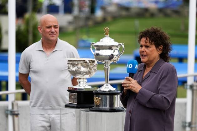 January 14, 2024, Melbourne, Victoria, Australia: MELBOURNE, AUSTRALIA - JANUARY 14: Evonne Goolagong Cawley and Andre Agassi at the Trophy arrival ceremony during day one of the 2024 Australian Open at Melbourne Park on January 14, 2024 in Melbourne, Australia Melbourne Australia - ZUMAp121 20240114_zsp_p121_020 Copyright: xChrisxPutnamx