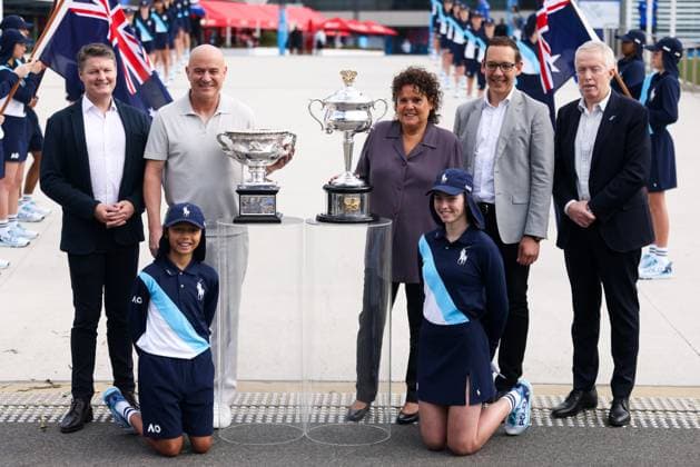 January 14, 2024, Melbourne, Victoria, Australia: MELBOURNE, AUSTRALIA - JANUARY 14: Andre Agassi, Evonne Goolagong Cawley, Steve Dimopoulos and Craig Tiley pose with the Norman Brookes Challenge Cup and the Daphne Akhurst Memorial Cup at the Trophy arrival ceremony during day one of the 2024 Australian Open at Melbourne Park on January 14, 2024 in Melbourne, Australia Melbourne Australia - ZUMAp121 20240114_zsp_p121_021 Copyright: xChrisxPutnamx