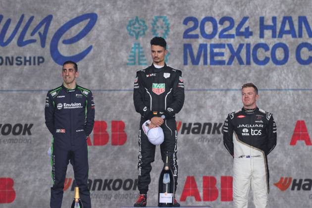 Second Sebastian Buemi SUI Envision, winner Pascal Wehrlein GER Porsche, third Nick Cassidy NZL Jaguar during the anthem on the podium, Formula E FIA World Championship, Season 10, Mexico City E Prix, Mexico, 13 01 2024
