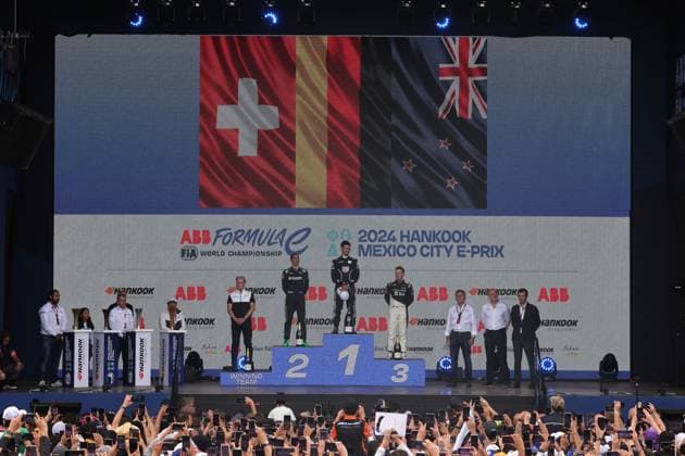 Second Sebastian Buemi SUI Envision, winner Pascal Wehrlein GER Porsche, third Nick Cassidy NZL Jaguar during the anthem on the podium, Formula E FIA World Championship, Season 10, Mexico City E Prix, Mexico, 13 01 2024