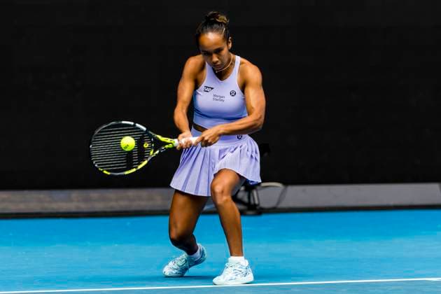 MELBOURNE, VIC - JANUARY 14: Leylah Fernandez of Canada in action during Round 1 of the 2024 Australian Open on January 14 2024, at Melbourne Park in Melbourne, Australia. (Photo by Jason Heidrich Icon Sportswire) TENNIS: JAN 14 Australian Open EDITORIAL USE ONLY Icon240114005