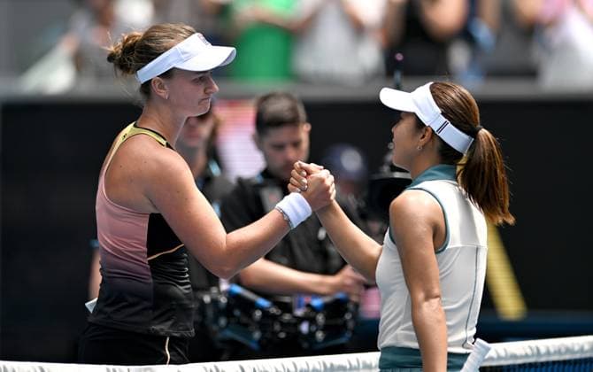 TENNIS AUSTRALIAN OPEN, Barbora Krejcikova of Czech Republic (left) after winning her first round match against Mai Hontama of Japan on Day 1 of the 2024 Australian Open at Melbourne Park in Melbourne, Sunday, January 14, 2024. ( NO ARCHIVING, EDITORIAL USE ONLY, NO USE IN BOOKS WITHOUT CONSENT MELBOURNE VICTORIA AUSTRALIA  Copyright: xLUKASxCOCHx 20240114001888742453