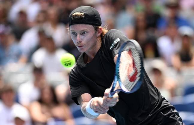 TENNIS AUSTRALIAN OPEN, Dane Sweeny of Australia returns during his first round match against Francisco Cerundolo of Argentina on Day 1 of the 2024 Australian Open at Melbourne Park in Melbourne, Sunday, January 14, 2024. ( NO ARCHIVING, EDITORIAL USE ONLY, NO USE IN BOOKS WITHOUT CONSENT MELBOURNE VICTORIA AUSTRALIA  Copyright: xJAMESxROSSx 20240114001888749638