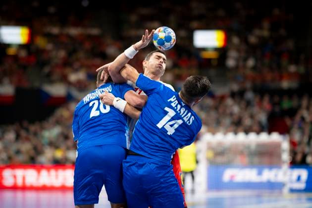 13 01 2024 Handball Men EHF EM 2024 Greece Daenamark From left Anastasios Papadionysiou Greece , Rasmus Lauge Schmidt Denmark , Nikolaos Passias Greece Munich Olympiahalle Bavaria Germany KlausTrotter 20240113 5968
