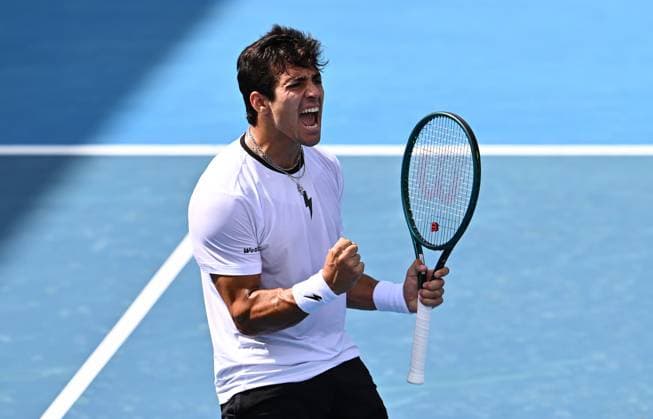 TENNIS AUSTRALIAN OPEN, Cristian Garin of Chile celebrates during his first round match against Christopher O?Connell of Australia on Day 1 of the 2024 Australian Open at Melbourne Park in Melbourne, Sunday, January 14, 2024. ( NO ARCHIVING, EDITORIAL USE ONLY, NO USE IN BOOKS WITHOUT CONSENT MELBOURNE VICTORIA AUSTRALIA  Copyright: xJOELxCARRETTx 20240114001888774406