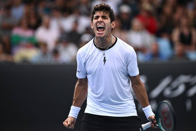 TENNIS AUSTRALIAN OPEN, Cristian Garin of Chile reacts after winning the 3rd set during his first round match against Christopher O?Connell of Australia on Day 1 of the 2024 Australian Open at Melbourne Park in Melbourne, Sunday, January 14, 2024. ( NO ARCHIVING, EDITORIAL USE ONLY, NO USE IN BOOKS WITHOUT CONSENT MELBOURNE VICTORIA AUSTRALIA  Copyright: xJOELxCARRETTx 20240114001888785712