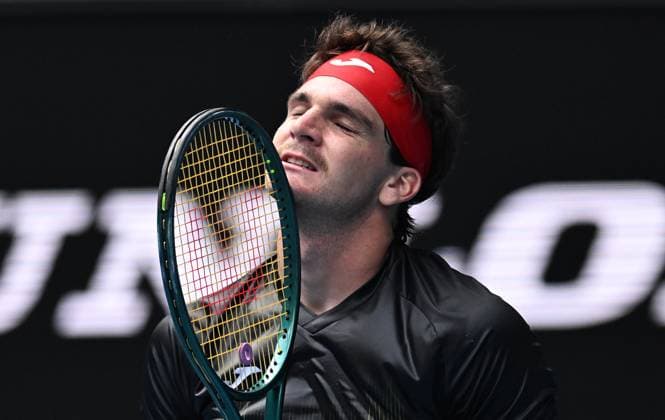 TENNIS AUSTRALIAN OPEN, Thiago Seyboth Wild of Brazil reacts during his first round loss to Andrey Rublev of Russia on Day 1 of the 2024 Australian Open at Melbourne Park in Melbourne, Sunday, January 14, 2024. ( NO ARCHIVING, EDITORIAL USE ONLY, NO USE IN BOOKS WITHOUT CONSENT MELBOURNE VICTORIA AUSTRALIA  Copyright: xLUKASxCOCHx 20240114001888786193