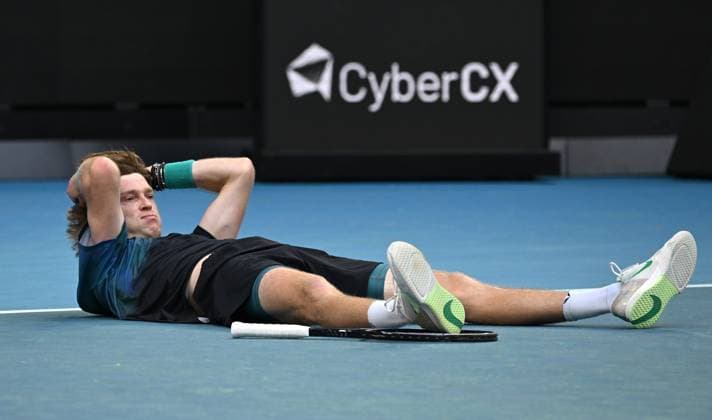 TENNIS AUSTRALIAN OPEN, Andrey Rublev of Russia reacts after winning his first round match against to Thiago Seyboth Wild of Brazil on Day 1 of the 2024 Australian Open at Melbourne Park in Melbourne, Sunday, January 14, 2024. ( NO ARCHIVING, EDITORIAL USE ONLY, NO USE IN BOOKS WITHOUT CONSENT MELBOURNE VICTORIA AUSTRALIA  Copyright: xLUKASxCOCHx 20240114001888786488