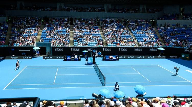 (240114) -- MELBOURNE, Jan. 14, 2024 -- Hontama Mai (R) serves during the women s singles 1st round match between Barbora Krejcikova of the Czech Republic and Hontama Mai of Japan at Australian Open tennis tournament in Melbourne, Australia, Jan. 14, 2024. ) (SP)AUSTRALIA-MELBOURNE-TENNIS-AUSTRALIAN OPEN-DAY 1 MaxPing 