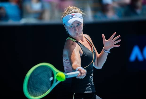 (240114) -- MELBOURNE, Jan. 14, 2024 -- Barbora Krejcikova competes during the women s singles 1st round match between Barbora Krejcikova of the Czech Republic and Hontama Mai of Japan at Australian Open tennis tournament in Melbourne, Australia, Jan. 14, 2024. (Photo by Xinhua) (SP)AUSTRALIA-MELBOURNE-TENNIS-AUSTRALIAN OPEN-DAY 1 HuxJingchen 